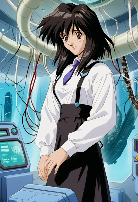 masterpiece, best quality, amazing quality, intricate details, solo, melfina, black hair, brown eyes, medium hair, retro artstyle, 1990s (style), white long sleeve shirt, necktie, black skirt, suspenders, shy smile, science fiction, cables, stasis tank, spacecraft, interior, in container,