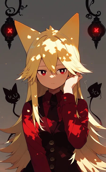 <lora:Moge_v8:1>,masterpiece,best quality,amazing quality,very aesthetic,absurdres,newest,score_9_up,score_8_up,score_7_up,detailed face,detailed eyes,Highest Quality,1girl,Moge-ko,Moge-ko girl,long hair,blonde hair,red eyes,animal ears,symmetrical face,
dappled_sunlight,wall_lamp,evening,darkness,grey_background,looking_afar,tucking_hair,X3,double_finger_gun,flattop,cat_ears,Format,
