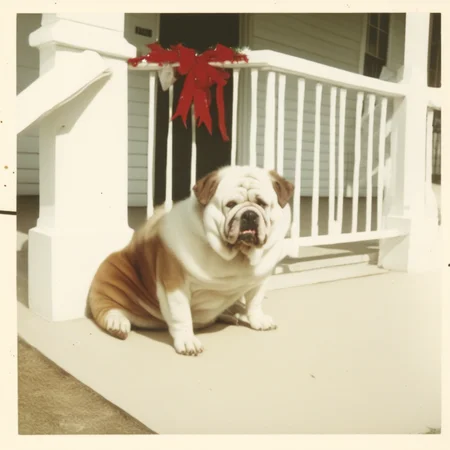 tcc_foundphotos, a monstrous dog sits on the porch of a house in Kansas City. The dog is white with brown spots. The house is decorated for Christmas