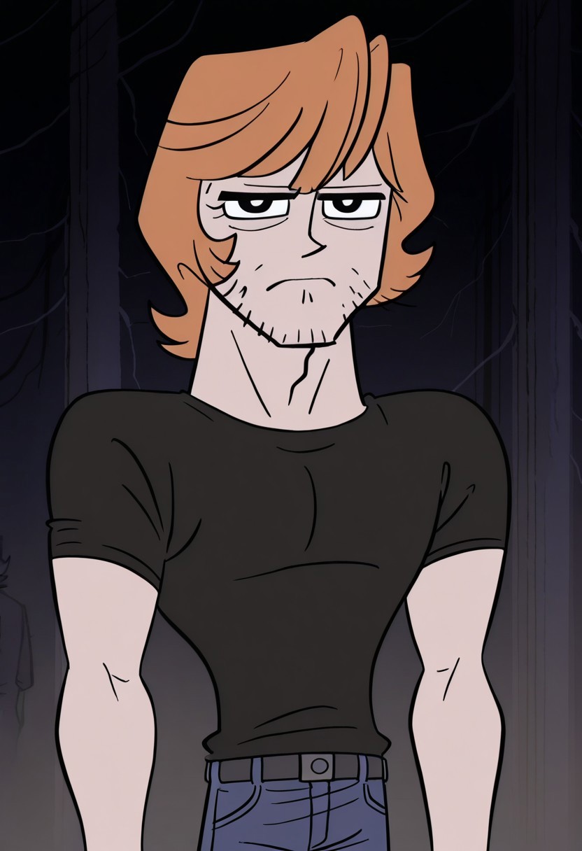 Cartoon source, official art, High Quality, toon, Black LineArt, break
Brandon, 1boy, alone, black eyes, orange hair, facial face, sideburns, black eyebrows, serious look, looking at viewer, shirt, blue pants, broad chest, narrow waist, athletic body, in the woods,
