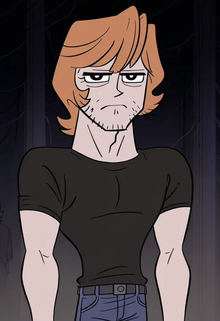 Cartoon source, official art, High Quality, toon, Black LineArt, break
Brandon, 1boy, alone, black eyes, orange hair, facial face, sideburns, black eyebrows, serious look, looking at viewer, shirt, blue pants, broad chest, narrow waist, athletic body, in the woods,