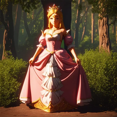 score_9, score_8_up, score_7_up, BotWYei, Solo, 1girl, full body, princess, blonde hair, tiara, big pink dress, smiling, standing, looking at viewer, forest, grotto, cartoon, 3d, masterpiece, detailed,