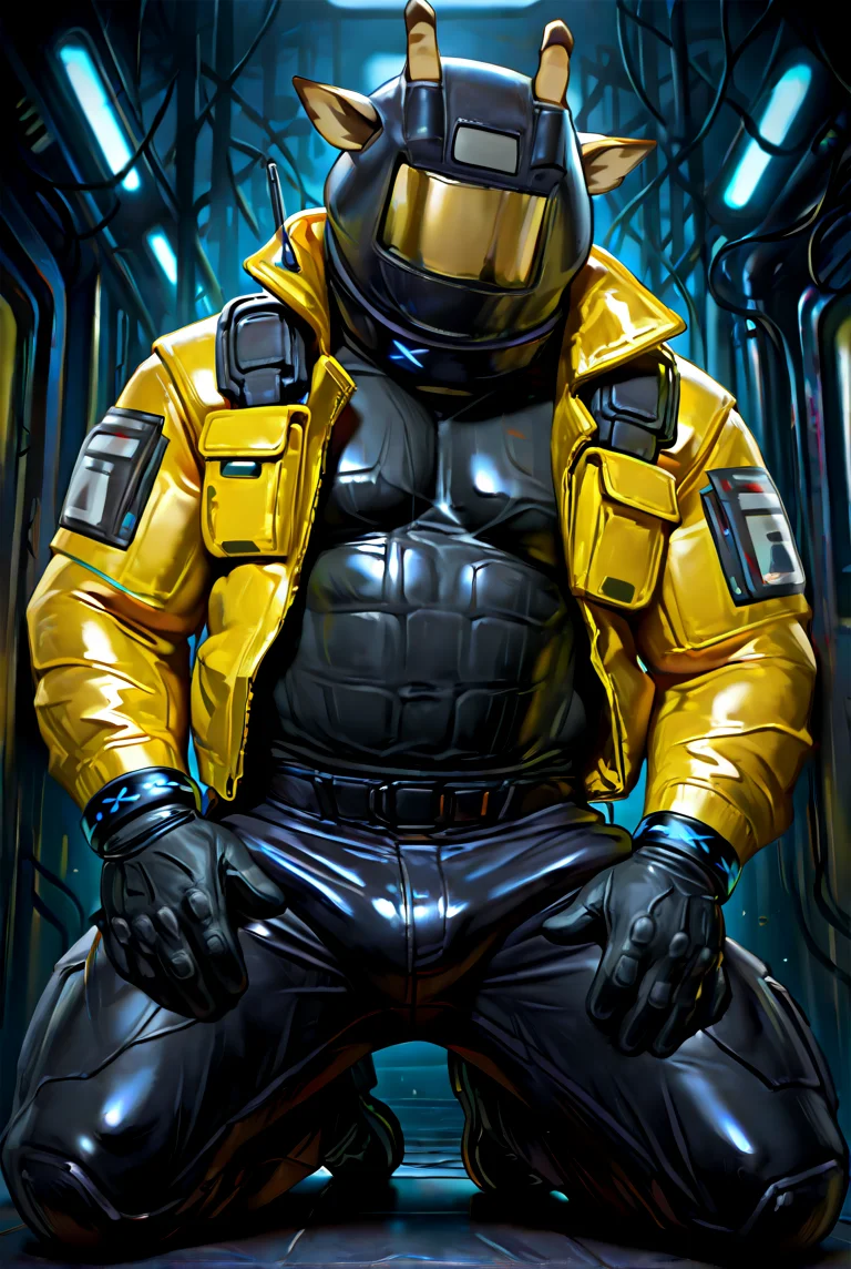 mech@nist,1boy,male focus,helmet,giraffe horns,animal ears,yellow jacket,infection monitor \(arknights\),faceless,
solo,kneeling,open jacket,tight pants,muscular male,glossy clothing,helmet,mature male,fashion pose,provocative pose,
(frumples:0.6),(taran fiddler:0.3),(raccoon21:0.4),
<lora:Mechanist:0.9>,<lora:SLE_v2:1>,<lora:noobai_vpred_1_masterpieces_v23:1>,<lora:NOOB_vp1_detailer_by_volnovik_v1:1>,<lora:detailed skin style illustriousXL v1:0.6>,masterpiece,best quality,very aesthetic,detailed,