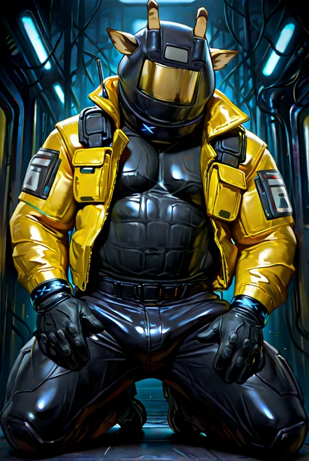 mech@nist,1boy,male focus,helmet,giraffe horns,animal ears,yellow jacket,infection monitor \(arknights\),faceless,
solo,kneeling,open jacket,tight pants,muscular male,glossy clothing,helmet,mature male,fashion pose,provocative pose,
(frumples:0.6),(taran fiddler:0.3),(raccoon21:0.4),
<lora:Mechanist:0.9>,<lora:SLE_v2:1>,<lora:noobai_vpred_1_masterpieces_v23:1>,<lora:NOOB_vp1_detailer_by_volnovik_v1:1>,<lora:detailed skin style illustriousXL v1:0.6>,masterpiece,best quality,very aesthetic,detailed,