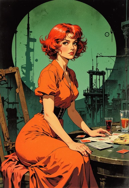 A red headed woman with short curly hair in an orange dress is playing Magic the Gathering.  against a dark green background. The scene is in the style of a vintage pulp science fiction magazine cover in the style of artist Boris Vallejo.