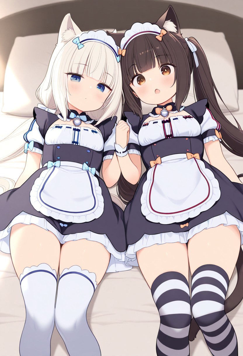 score_9, score_8_up, score_7_up, masterpiece, best quality, amazing quality, very aesthetic, absurdres, newest, two cat girls with long hair lying on a bed together, nekopara, Chocola, Vanilla, multiple girls, 2girls, long hair, animal ears, cat tails, twintails, cat ears, blue eyes, very long hair, lying, tail, choker, open mouth, white hair, cat girl, blush, cute expression, light freckles, low twintails, brown eyes, bow, bangs, blunt bangs, brown hair, on back, maid outfits, cute dresses, striped stockings, looking at viewer, (masterpiece, best quality, highres:1.2), (intricate and beautiful:1.2), (beautiful detailed eyes:1.2), detailed light, (soft lighting, side lighting, reflected light), cozy bedroom, sweet and warm atmosphere, playful pose, close friends
,NoraHigumaArt