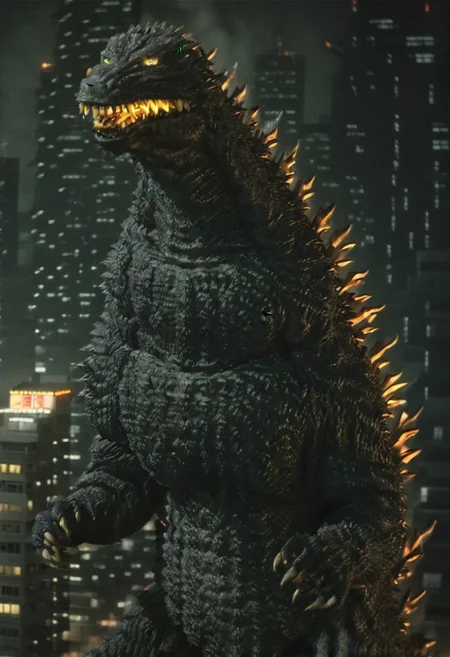 score_9_up,no humans,kaijuu,claws,city,solo,sharp teeth,open mouth,yellow eyes,looking at viewer, gigantic monster,monster,realistic,tail,spikes,fangs,from above,lateral pose,city,night,burning city, japanese city,