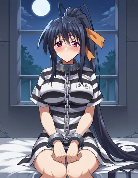score_9, score_8_up, score_7_up, source_anime, <lora:akeno-himejima-ponyxl-lora-nochekaiser:1>, akeno himejima, long hair, black hair, ribbon, very long hair, purple eyes, hair ribbon, ponytail, antenna hair, large breasts,, <lora:prison-clothes-ponyxl-lora-nochekaiser:1> prison clothes, prisoner, prison cell, prison, striped shirt, shackles, handcuffs, chain,, sitting, on bed, looking at viewer, blush, night, moon, moonlight, night sky, window, three quarter view, cowboy shot,