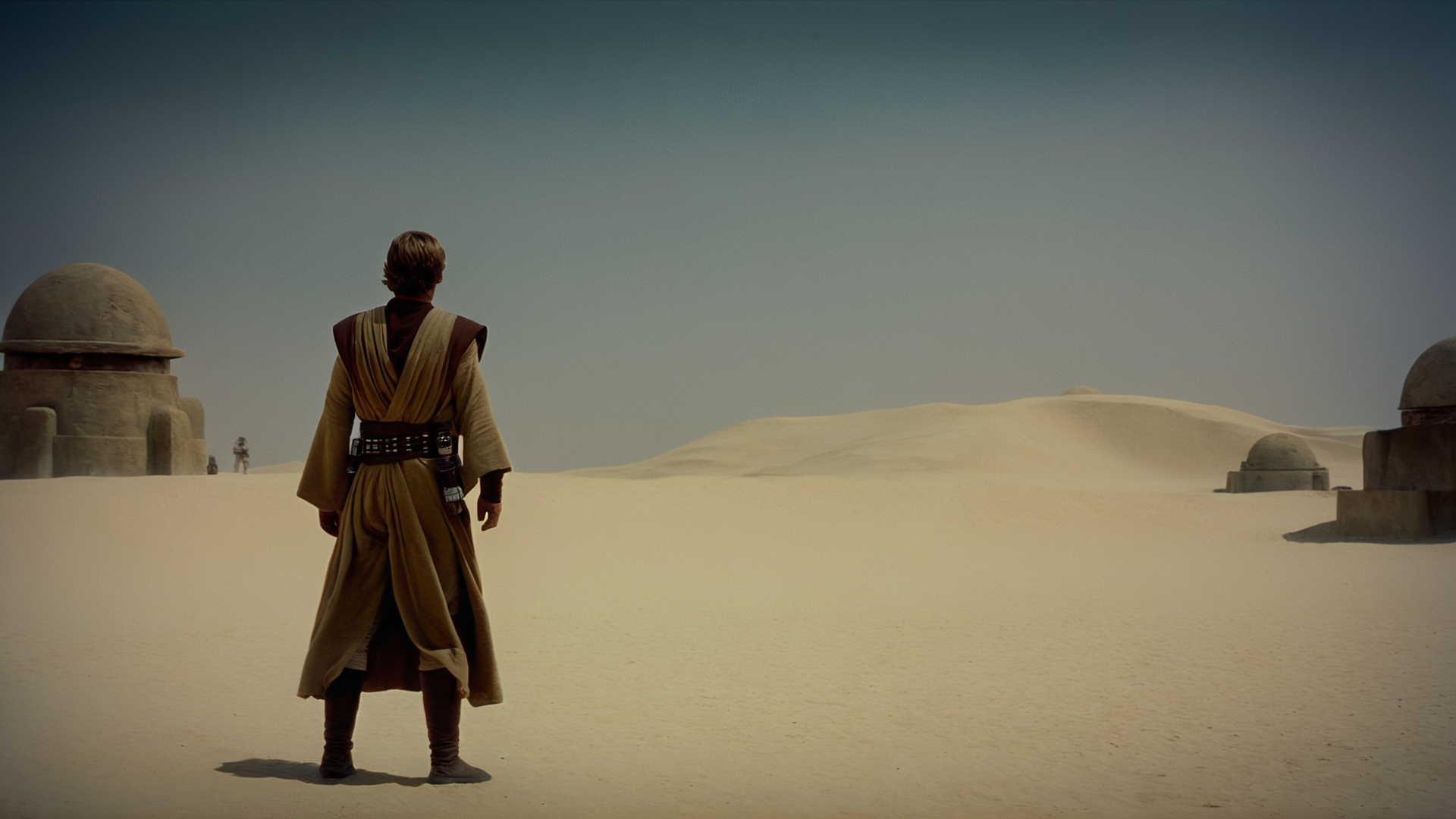 cinematic film still of  <lora:star wars style:0.2>
<lora:detailed:0.4> detailed
<lora:perfection style:0.4> perfect
<lora:PerfectEyesXL:0.5>
 <lora:Chiaroscuro Lighting Style:0.3>
 <lora:Tatooine:0.9>
Tatooine a man standing in the middle of a desert,in star wars style,outdoors,sky,no humans,scenery,sand,desert, shallow depth of field, vignette, highly detailed, high budget, bokeh, cinemascope, moody, epic, gorgeous, film grain, grainy
