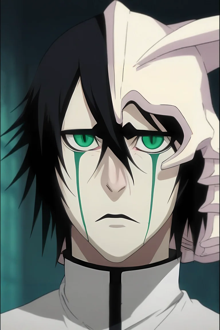 score_9, score_8_up, score_7_up, source_anime, (photorealistic:0.6), , , depth of field, 1boy, solo, male focus, <lora:ulquiorra_cifer_pony:0.84>, ulquiorra_cifer, black hair, green eyes, facial mark, hair between eyes, , , , <lora:sdxl_lightning_8step_lora:1>