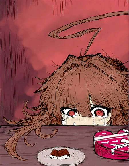 sushi yuusha toro, 1girl, long hair, solo, box, sensitive, ahoge, red eyes, tears, heart, crying, sketch, valentine, heart-shaped box, pink hair, table, kuma (kancolle), gift
very awa, masterpiece, best quality, year 2024, newest, highres, absurdres, <lora:black-souls-style-noobai-vpred10-timestep2:1>