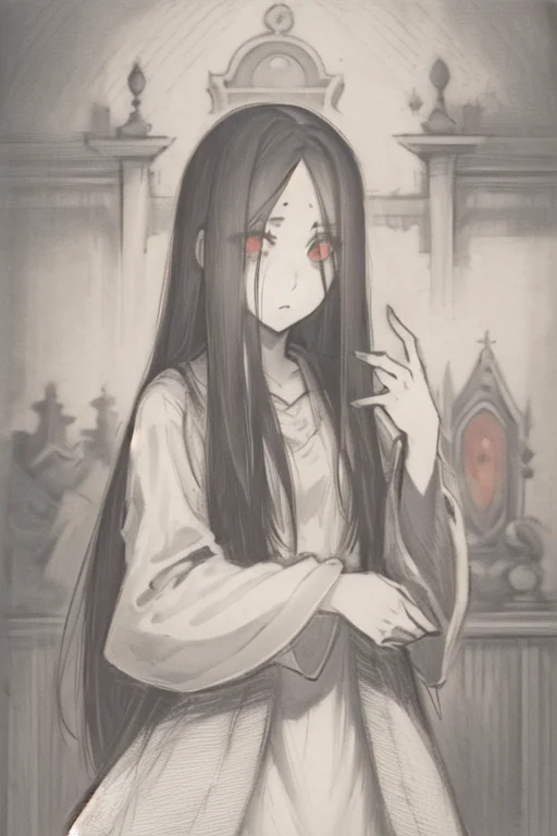 ((masterpiece)),(best quality), absurdres,sadako_yamamura,red eyes, white dress,<lora:Sadakobest:0.8>, <lora:OldengravingsWierix_v10:1>,monochrome,engraving, Hieronymus Wierix,