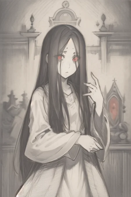 ((masterpiece)),(best quality), absurdres,sadako_yamamura,red eyes, white dress,<lora:Sadakobest:0.8>, <lora:OldengravingsWierix_v10:1>,monochrome,engraving, Hieronymus Wierix,