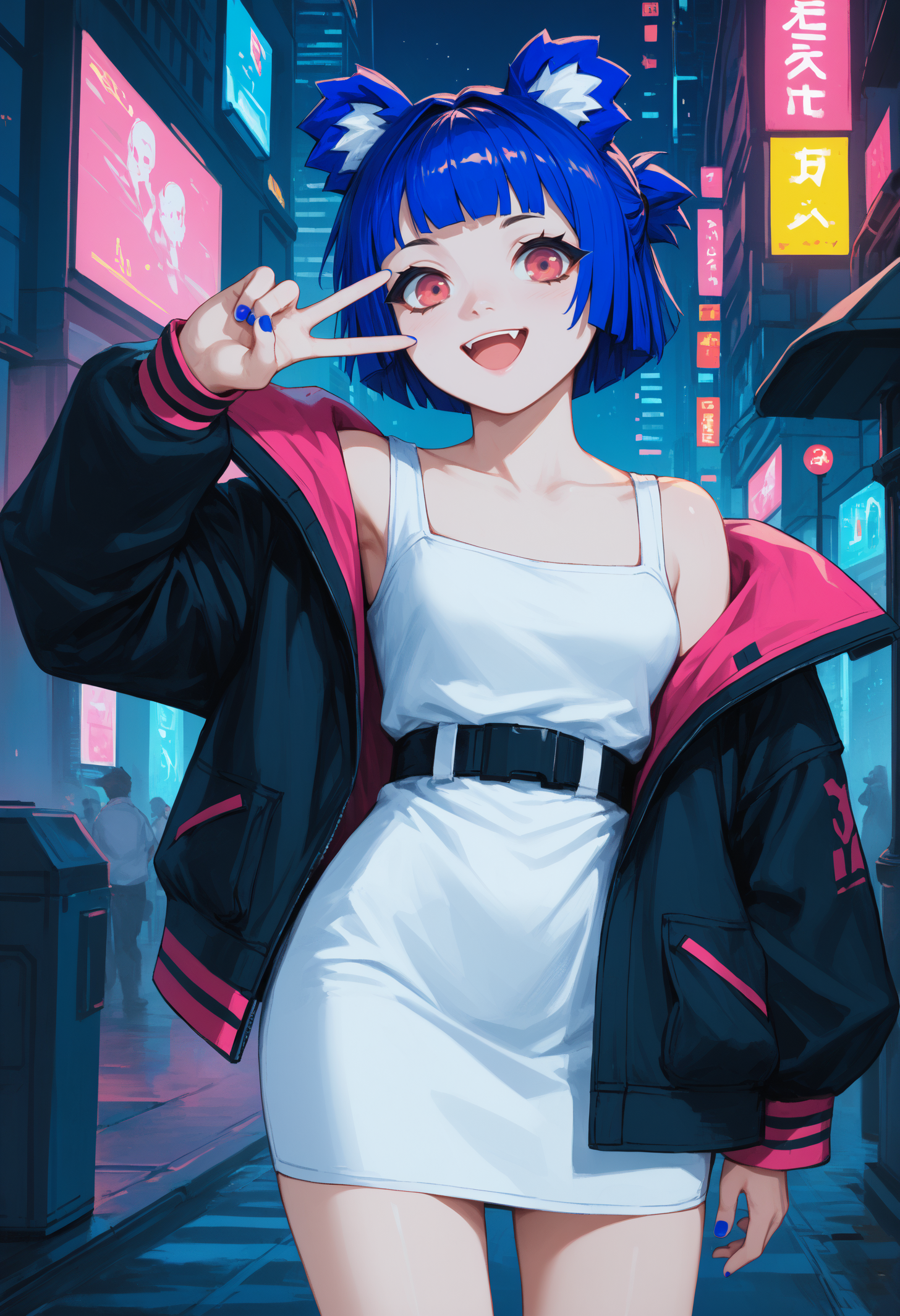 score_9, score_8_up, score_7_up, 1girl, GrisVert, animal ears, bear tail, magenta eyes, blue hair, short hair, breasts, toned, fang, blue nails,
black jacket, pink two-sided jacket, open jacket, off shoulder, white dress, belt,  
looking at viewer, open mouth, smile, happy, v sign, hand to face, hand over eye, 
outdoors, cyberpunk city, dark, night, futuristic, science fiction, sci-fi,
<lora:Gris-VertigrisPDXL_V1-Manityro-CAME:1.0>,