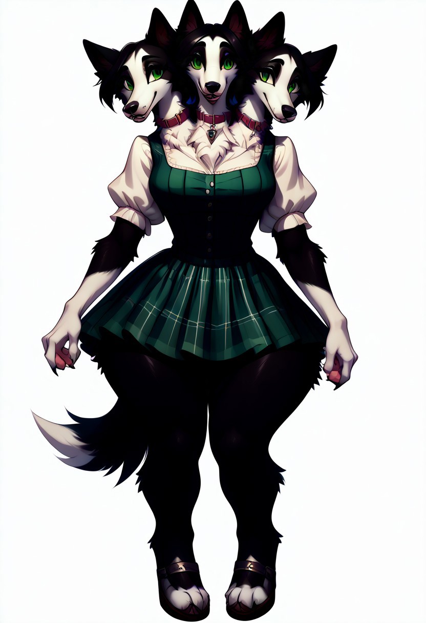 score_9,score_8,source_furry,
Borzoi_Anthro, 
conjoined, 3girls, 
animal ears, 
green eyes, 
collar, dog, 
dog ears, 
dog girl, 
looking at viewer, 
plaid, 
sexy eyes,
black fur,
black body,
puffy short sleeves, 
puffy sleeves, 
snout,
long snout,
short sleeves, 
simple background, 
solo, 
full body,
thick thighs,
skirt,
<simple background:1.5>,
<white background:1.5>,
 <lora:Borzoi_Anthro_Pony_SDXL:1> borzoi_anthro,