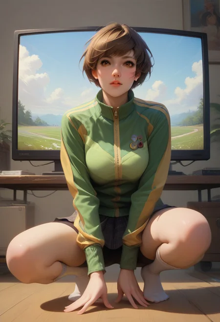 realistic, photorealistic, Expressiveh, score_9, score_8_up, score_7_up,
chiedef, brown hair, short hair, brown eyes, track jacket, badges, skirt, houndstooth, bike shorts, white socks,
n1nj4 squat, solo, source_anime,
(Analog television:1.5)