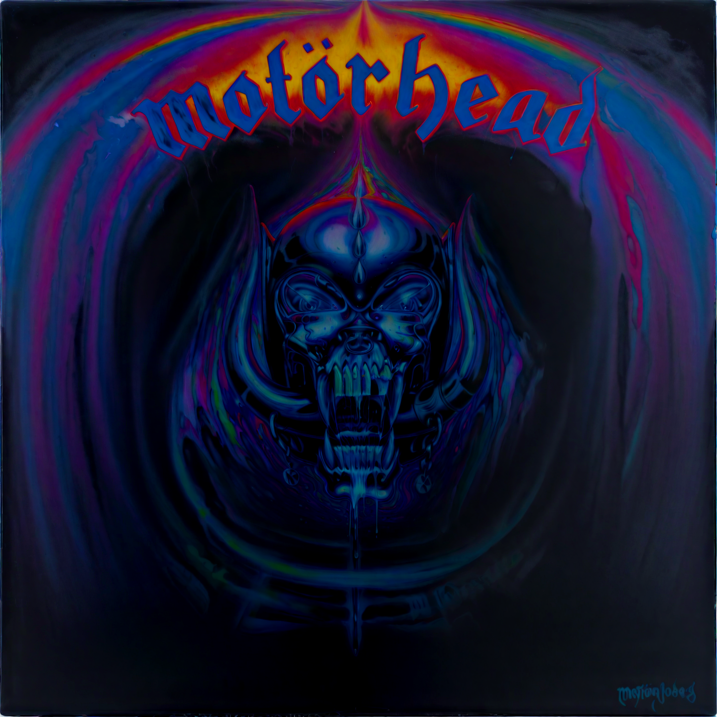 1boy, painting, motörhead_cover,, in Reflective voids, perceptual disorientation, sinuous forms, color psychology