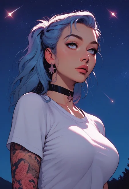 Score_9, Score8_up, Score_7_up, (((High Resolution, Best Quality))), 
1girl, solo, Covered in Tattoos, her hand on her head, brushing hair behind ear, 
Graphic tshirt, tight t shirt, large natrual breasts, cutoff, choker, looking up at sky, 
On a Cliff overlooking a beach, night, night sky, at night, stars, shooting star, 
Cowboy shot, dutch angle, unique, interesting, beautiful,