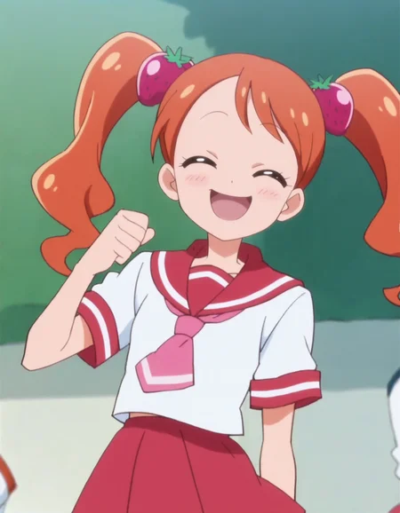 score_9, score_8_up, score_7_up, anime screencap, solo,1girl,usamiichika, school uniform, solo, closed eyes, strawberry hair ornament, open mouth, smile, hair ornament, serafuku, ^_^, :d, looking at viewer,cowboy shot,small breasts,blush<lora:usamiichika:0.8>