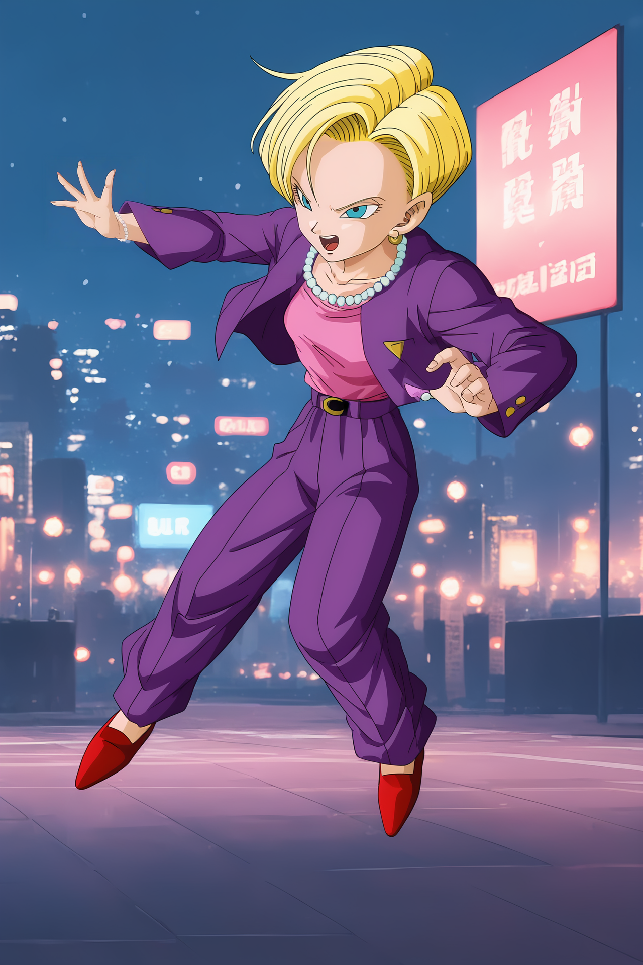source_anime, score_9, score_8_up, score_7_up, anime screencap, high quality, 
android 18, dragon ball gt, official style, 1girl, solo, open mouth, very short hair, blue eyes, blonde hair, pearl necklace, open jacket, high heels, gold earrings, beads, building, city, cityscape, purple jacket, lapels, collarbone, high waisted bottomwear, looking at another, midair, fighting stance, outstretched arm, outstretched hand, palms, purple pants, red footwear, night, pink shirt, shirt tucked in, belt, v-shaped eyebrows, v-shaped eyes
 <lora:c18_pony:0.8>