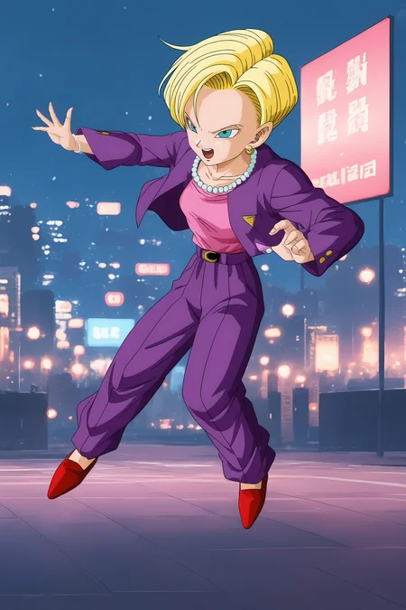 source_anime, score_9, score_8_up, score_7_up, anime screencap, high quality, 
android 18, dragon ball gt, official style, 1girl, solo, open mouth, very short hair, blue eyes, blonde hair, pearl necklace, open jacket, high heels, gold earrings, beads, building, city, cityscape, purple jacket, lapels, collarbone, high waisted bottomwear, looking at another, midair, fighting stance, outstretched arm, outstretched hand, palms, purple pants, red footwear, night, pink shirt, shirt tucked in, belt, v-shaped eyebrows, v-shaped eyes
 <lora:c18_pony:0.8>