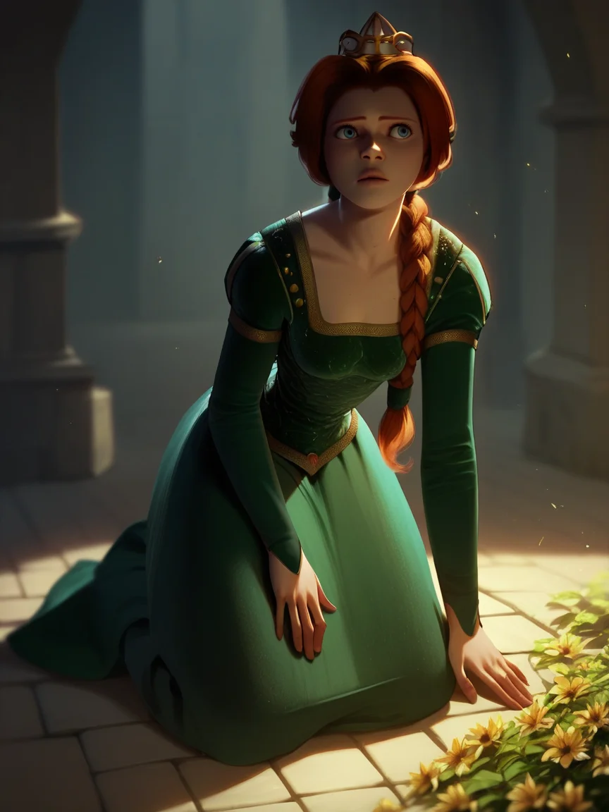 score_9, score_8_up, score_7_up, score_6_up, score_5_up,   <lora:FionaXLP:1> fiona, 1girl, red hair, pr1n, braid, green dress, blue eyes, crown, full body,