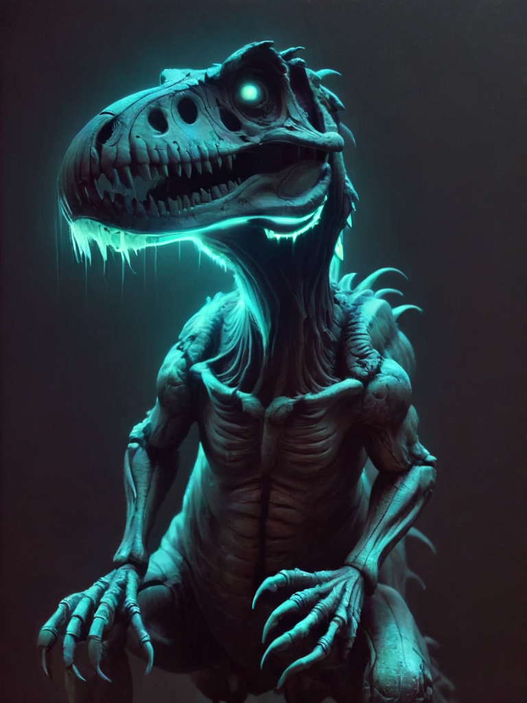 neon glowing dead t-rex, zkeleton, <lora:zkeleton-sdxl:1>