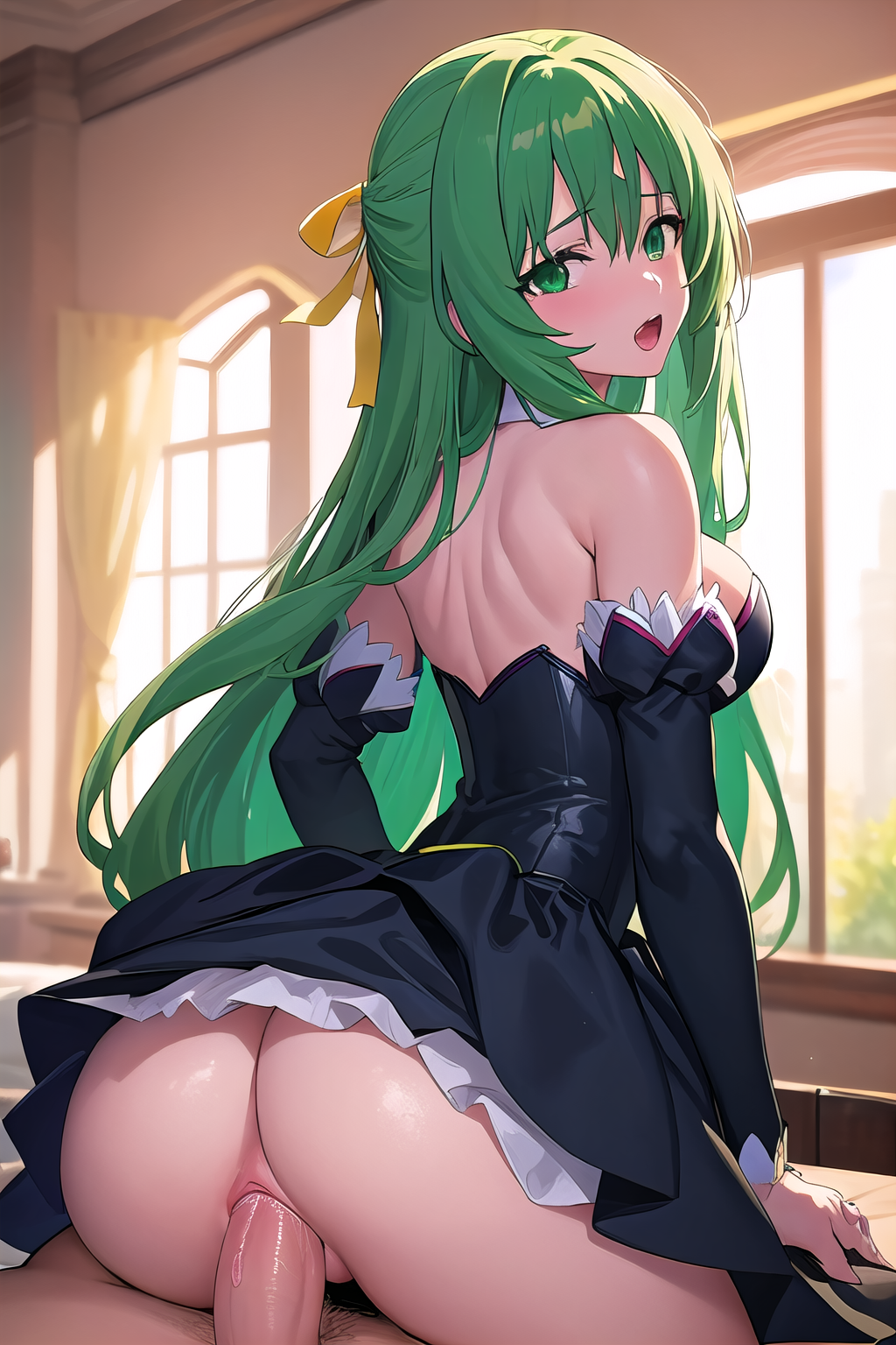 masterpiece, best quality, ultra-high-detailed, reverse cowgirl position, sex from behind, 1boy, 1girl, penis, Sonozaki Shion, green hair, green eyes, long hair, yellow ribbon, angel mort dress, black  thighighs,