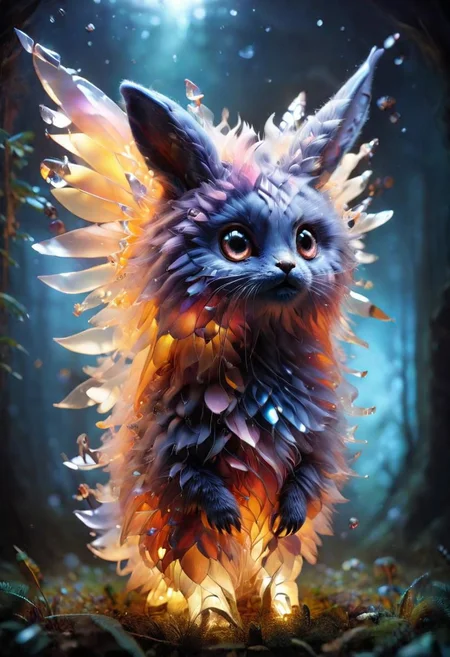 Mix the glowing-mushrooms, bunny and curly fur to create adorable magical creature with big glowing eyes, masterpiece, Surrealism, close-up, macro photo, f/1.2, backlighting, Albert Edelfelt, multicolored hair