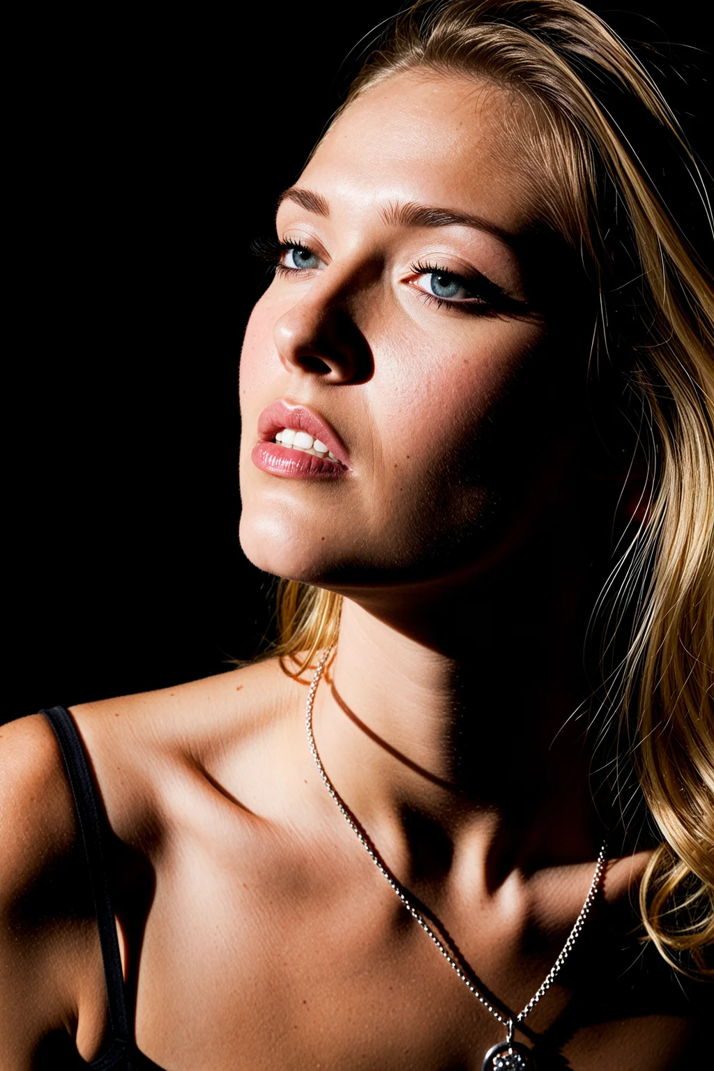 lowkey, Rembrandt light, side light, dim light, hard light, shadows, studio flash, 1girl, jewelry, necklace, multicolored hair, black hair, black background, parted lips, brown hair, looking to the side, simple background, portrait, makeup, eyelashes, upper body, teeth, blonde hair, looking at viewer, nose, dark, collarbone, lipstick, two-tone hair, <lora:dmd2_sdxl_4step_lora_fp16:1.0>, <lora:subtle-lighting1-xl25:0.5>