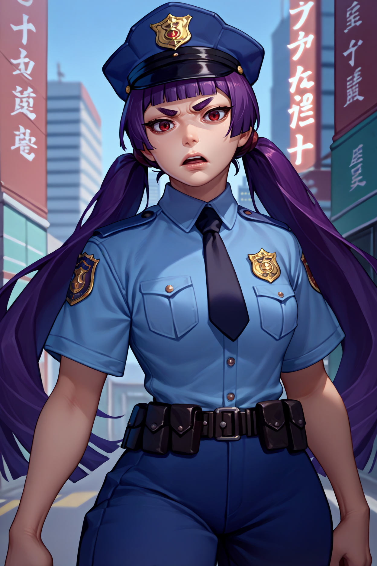 score_9, score_8_up, score_7_up, score_6_up, source_anime, 1girl, solo, <lora:kamikiizumo-pdxl-nvwls-v1-000006:1> izumokamiki, eyebrows, dark purple hair, low twintails, blunt bangs, red eyes, policewoman, police hat, police uniform, looking at you, breasts, open mouth, serious, city