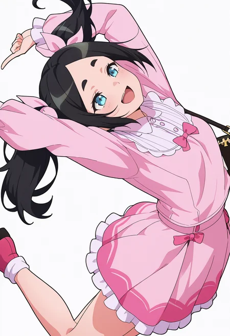Smooth Quality,masterpiece,very intricate, high quality details, ultra realistic, high detailed skin,detailed enviorement,absurdres,
pointing up,
<lora:Dannar_Toxico_CNR:0.7> toxico_cnr, 1girl,black hair, twintails, blue eyes, thick eyebrows,
toxico_pink_cnr, 1girl,pink dress, pink shirt,pink skirt,long sleeves, frills,handbag,pink bow, ribbon, simple background, white background, sideways,
jumping, arms open, legs bent, smiling, midair,  ,, torogao,