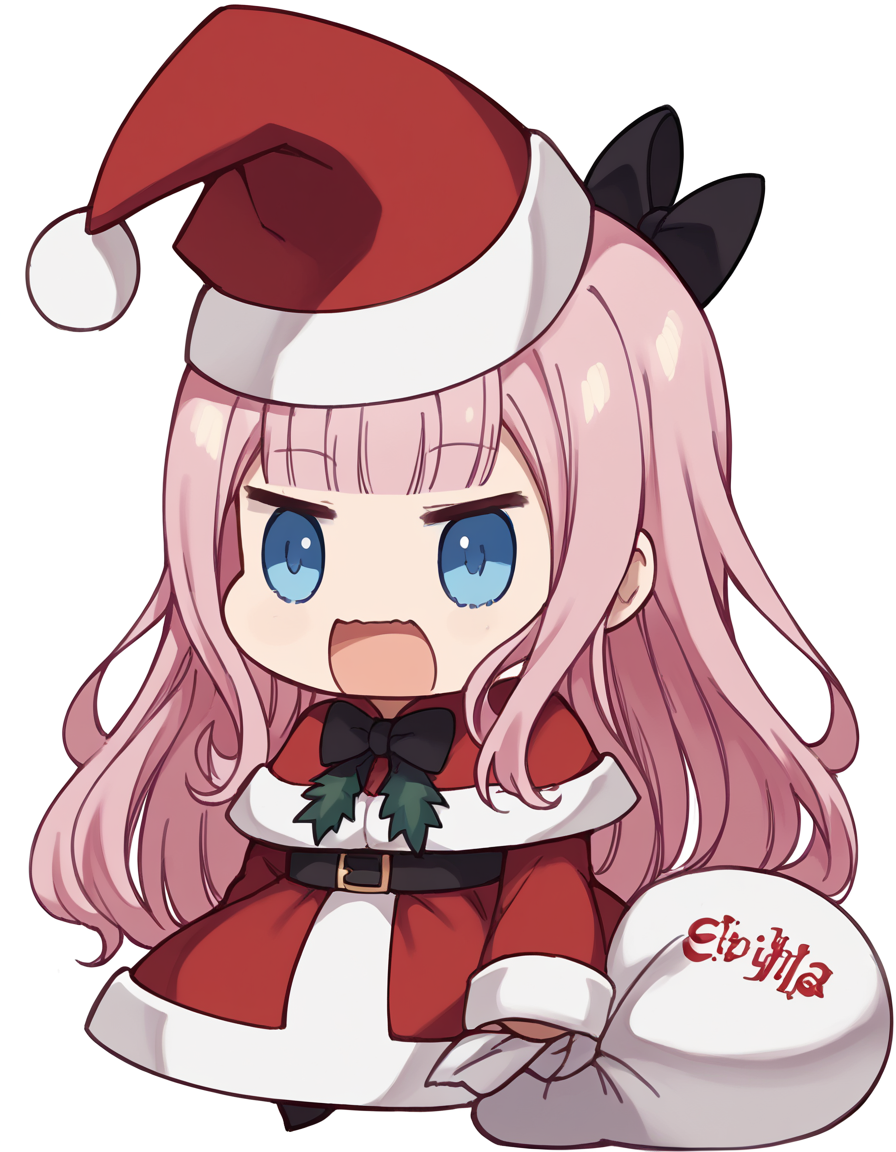 score_9, score_8_up, score_7_up, source_anime, <lora:chika-fujiwara-s3-ponyxl-lora-nochekaiser:1>, chika fujiwara, long hair, bangs, blue eyes, bow, pink hair, hair bow, blunt bangs, black bow, large breasts,, <lora:padoru-ponyxl-lora-nochekaiser:1>, padoru, padoru (meme), holding sack, sack, santa hat, meme, christmas, open mouth, chibi, red capelet, santa dress, capelet, fur-trimmed headwear,, ,