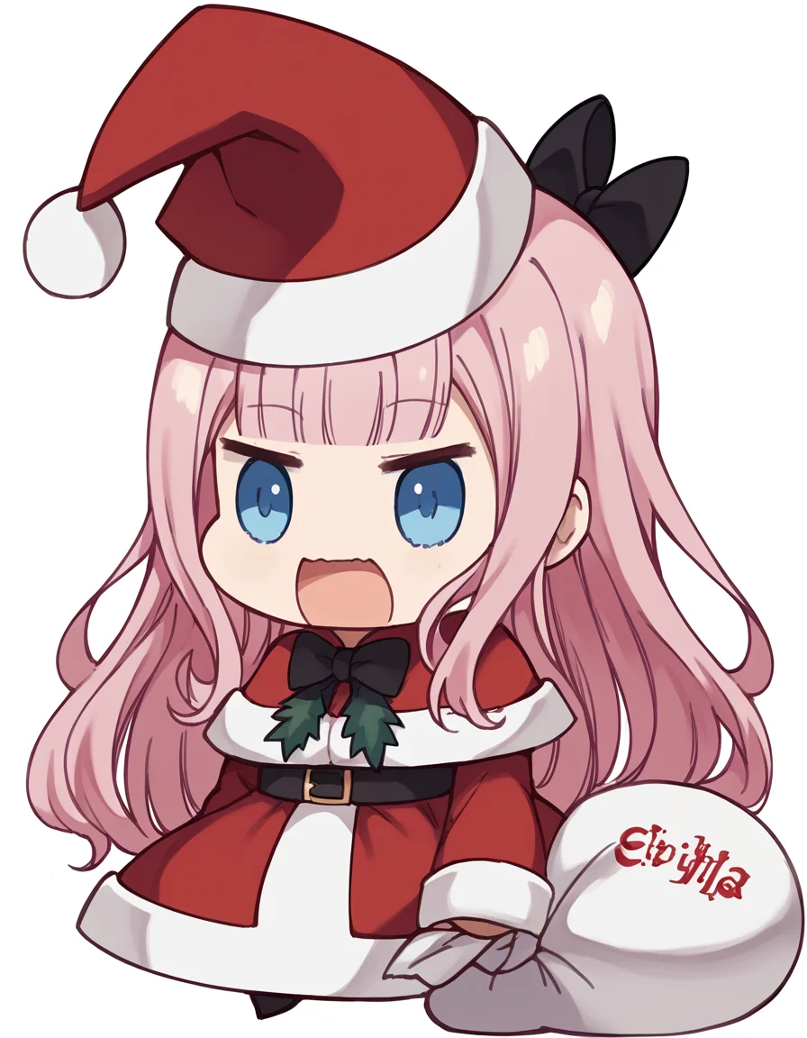score_9, score_8_up, score_7_up, source_anime, <lora:chika-fujiwara-s3-ponyxl-lora-nochekaiser:1>, chika fujiwara, long hair, bangs, blue eyes, bow, pink hair, hair bow, blunt bangs, black bow, large breasts,, <lora:padoru-ponyxl-lora-nochekaiser:1>, padoru, padoru (meme), holding sack, sack, santa hat, meme, christmas, open mouth, chibi, red capelet, santa dress, capelet, fur-trimmed headwear,, ,