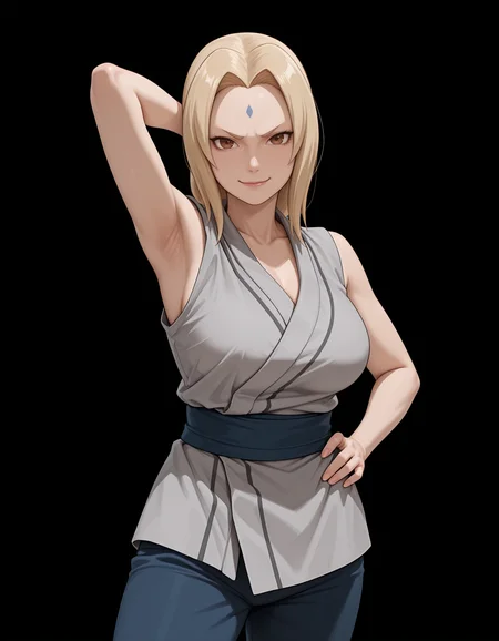<lora:Tsunade NoobAi:1>
1girl, solo,
tsun4d3, blonde hair, long hair, forehead mark, facial mark, brown eyes, mature female, short eyebrows, v-shaped eyebrows
grey kimono, blue sash, blue pants, sandals, sleeveless,
one hand on hip, one hand behind head,
armpit,
looking at viewer, smile,
cowboy shot,
smile,, very awa, masterpiece, best quality, highres, absurdres, (simple background, black background:1.1),