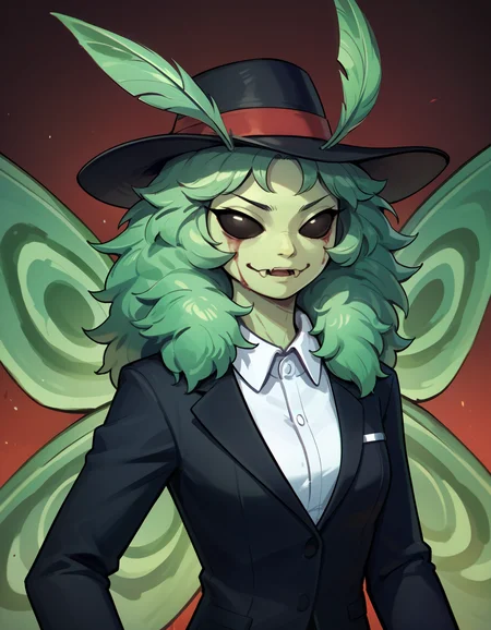 embedding:PDXL\zPDXL,(Masterpiece:1.4),(best quality:1.2),score_9,score_8_up,score_7_up,score_6_up,solo,bloody background,1girl,ni4nchiki,moth girl,upper body,portrait,antennae,medium breasts,colored sclera,black sclera,moth wings,(fangs:0.7),(green skin:1),(green claws:0.7),wearing black business suit,wearing black hat,empty hands <lora:MyTrainings\Temp\SS13\Nianchiki_XL_Pony.safetensors:0.7> <lora:SDXL_Pony_Styles\FingergunToHead_XLPD.safetensors:1.0>