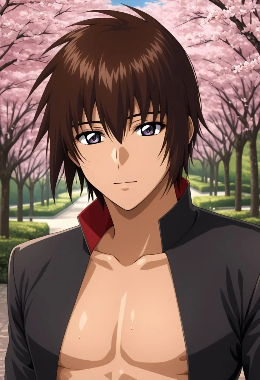 ASCII kira_yamato, hair parting left, 1man, mature adult male focus, solo, black jacket with red lining, slim, thin waist, warm beige skin, brown hair,
detailed symmetric glossy eyes, expressive eyes, large purple eyes, looking at the viewer,
sexy posing, sakura trees background, sweaty,
detailed torso, full body portrait,
masterpiece, best quality, ultra high res, intricate detail, clamshell warm lighting