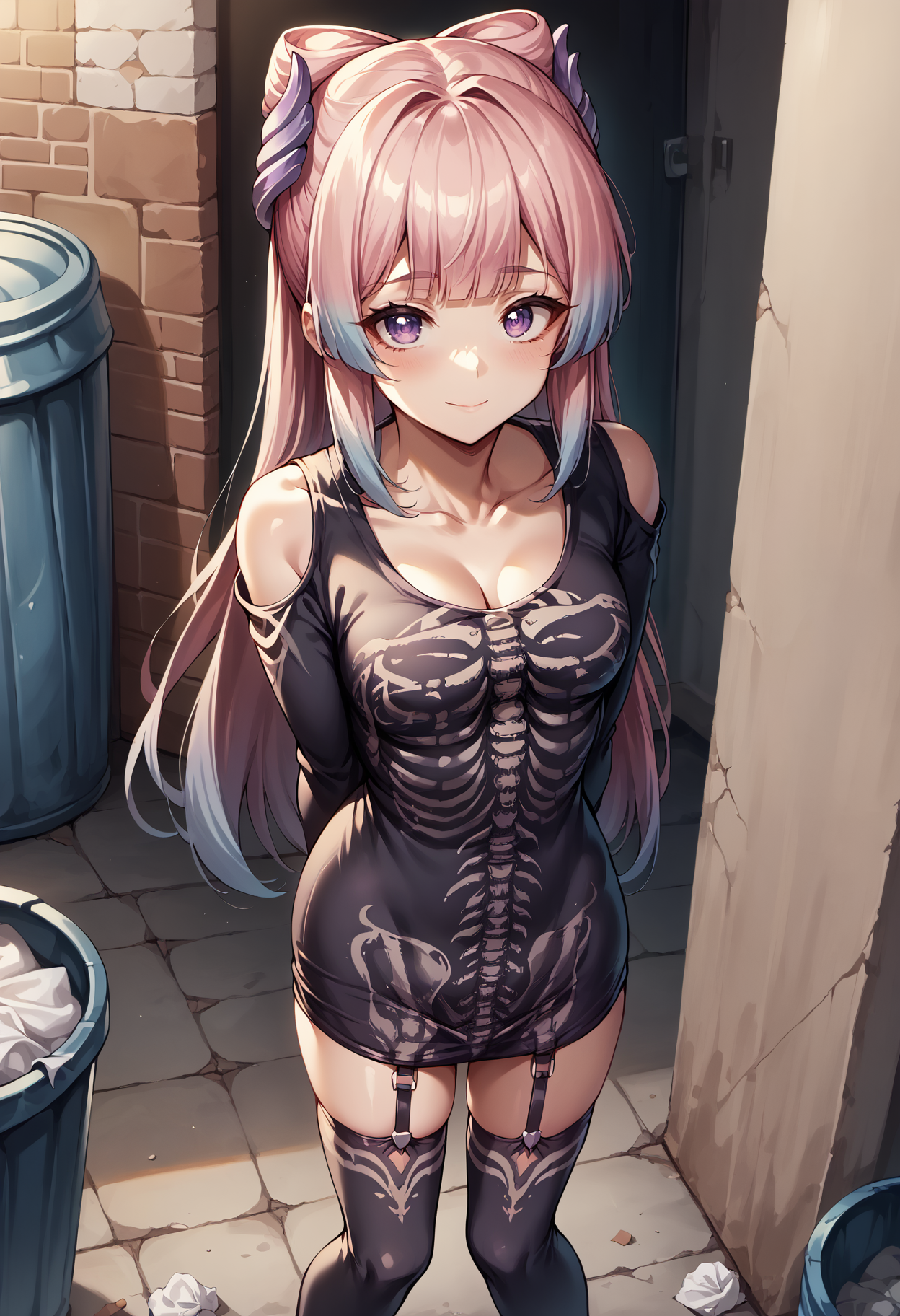 score_9, score_8_up, score_7_up, source_anime, 1girl, solo, looking at viewer, kokomidef, pink hair, long hair, gradient hair, multicolored hair, sidelocks, blunt bangs, skeleton dress, black dress, long sleeves, shoulder cutout, skin tight, outdoors, alleyway, night, dark, arms behind back, purple eyes, bow-shaped hair, hair ornament, black thighhighs, collarbone, garter straps, trash can, trash, from above, light smile, closed mouth
