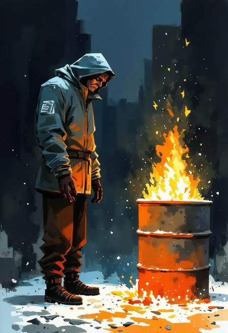 A homeless man heating himself up by a metal barrel with a fire lit in it. Small yellow lightning bolt symbols rise up from the fire. Its snowing gently. Background of  dark alley. Watercolor painting