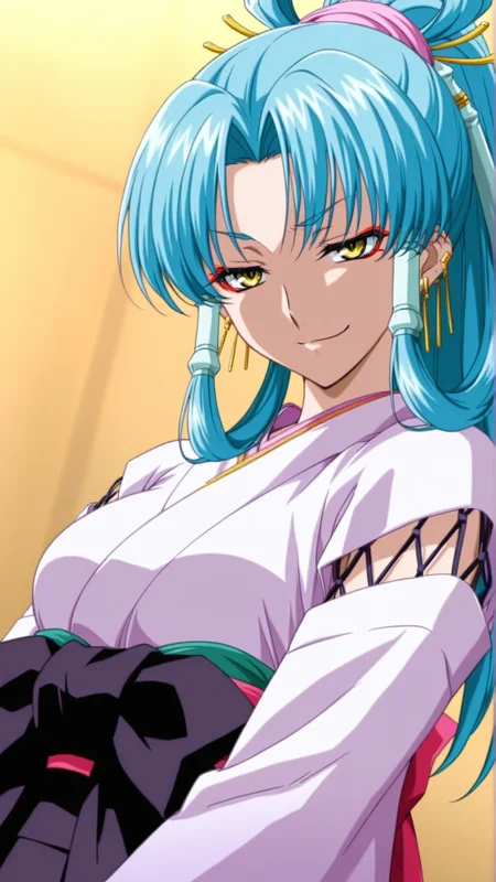 source_anime, general, best quality, masterpiece, 1girl, <lora:Glacies_ill_v1.1:1> glacies\(srw\),ponytail,hair tubes, blue hair,yellow eyes, large breasts,long hair, hair rings, make up,earrings, jewelry,japanese clothes, kimono, red eyeliner, dynamic pose, dutch angle, smug,