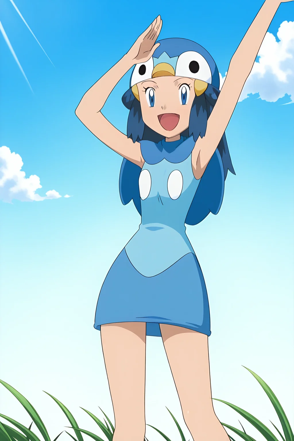 anime, anime screencap, dawnpip, 1girl, solo, long hair, smile, open mouth, blue eyes, skirt, piplup \(cosplay\), hair ornament, dress, standing, blue hair, :d, outdoors, sky, sleeveless, tongue, day, hairclip, cloud, arm up, blue sky, blue skirt, eyelashes, bare arms, cosplay, happy, grass, piplup, hat, armpits, arms up, sleeveless dress, blue dress, dawn \(pokemon\), pokemon, pokemon dppt \(anime\), breasts
<lora:Dawn_Piplup_Cosplay-10:1>