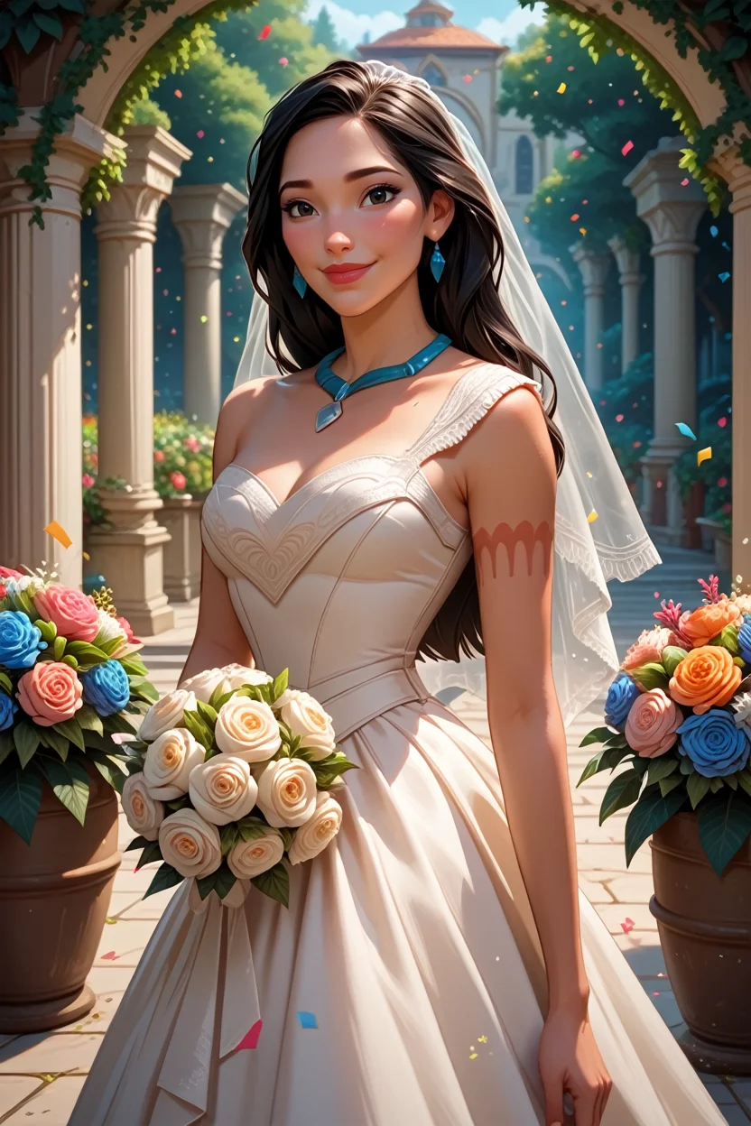 score_9, score_8_up, score_7_up,
<lora:DisneyPocahontas:0.8>
DisneyPocahontas, 1girl, black hair, black eyes, long hair, dark skin, looking at viewer, garden, wedding dress, necklace, smile, bouquet, day, confetti, cowboy shot, standing