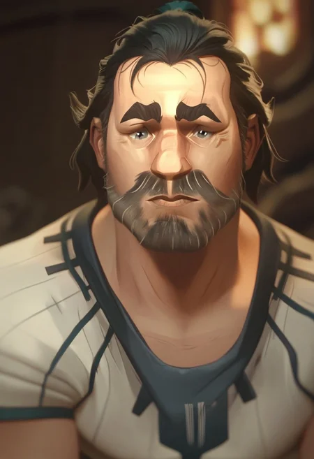 score_9, score_8_up, score_7_up, score_6_up,
v4nd3r , Vander , Vander /(league of legends arcane/), solo, looking at viewer, shirt, black hair, 1boy, upper body, male focus, multiple boys, 2boys, facial hair, thick eyebrows, beard, sportswear, realistic, mustache, bald, soccer uniform ,/(league of legends arcane/),