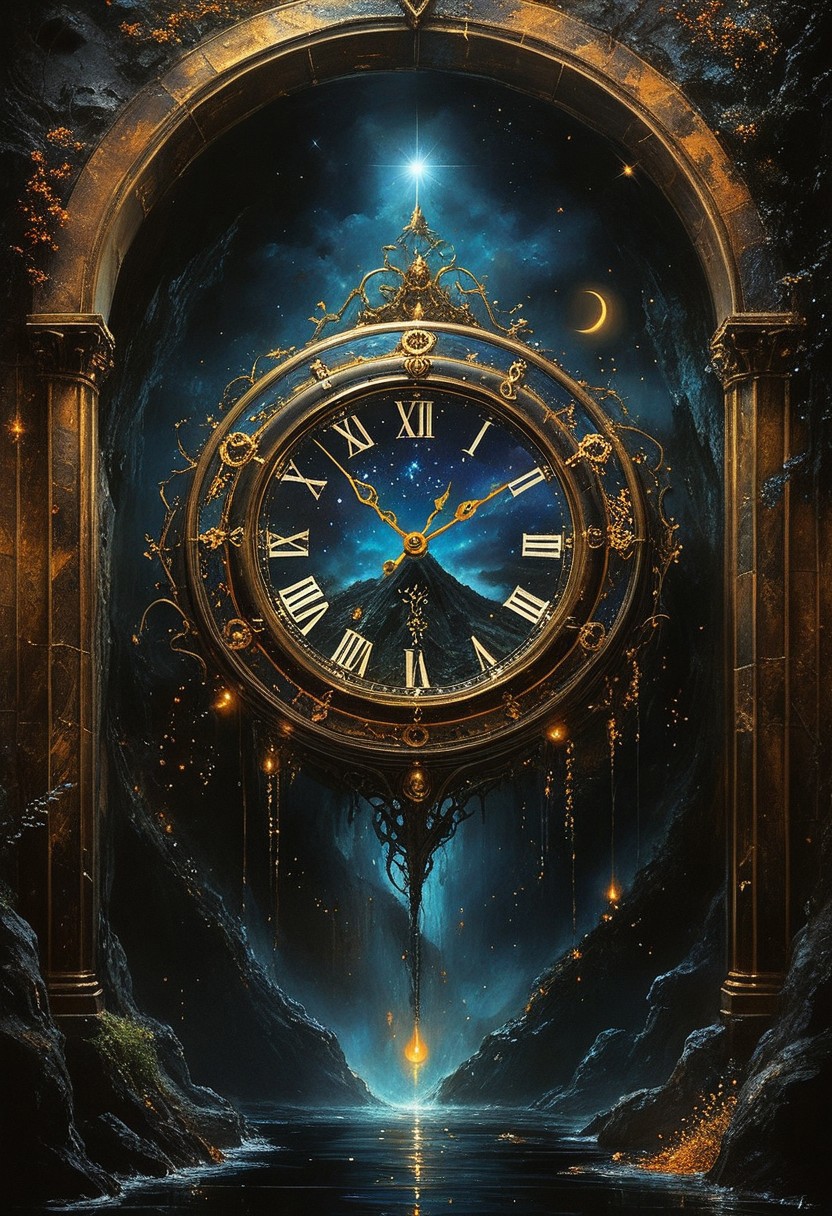 top- down, fantastical and surreal scene, closeup inside of an enormous ancient pocket_clock standing upright with its cover open revealing a magical portal, portal inside the clock, Through the portal is a breathtaking landscape unfolds, towering mountains, a cascading volcano, a steaming river winding through a burned forests, The edges of the pocket_clock are adorned with intricate glowing runes and vines, the clock resting on obsidian floor, mystical touch, illuminated by a crescent moon and twinkling stars, dreamlike and otherworldly atmosphere, sense of adventure and wonder, ((red-blue, artifact,
<lora:aidmaMTG-CardsXL-v0.1:1> ,mtg, mtg card)), view from above, 
(score_9, score_8_up:1.1), score_7_up, a fine color ink lineart sketch, (reflective volumetric), raytracing, absurdres, dark, low-key, 
BREAK
universe, (galaxy:0.5), (nebula:0.5), (stars:0.3)