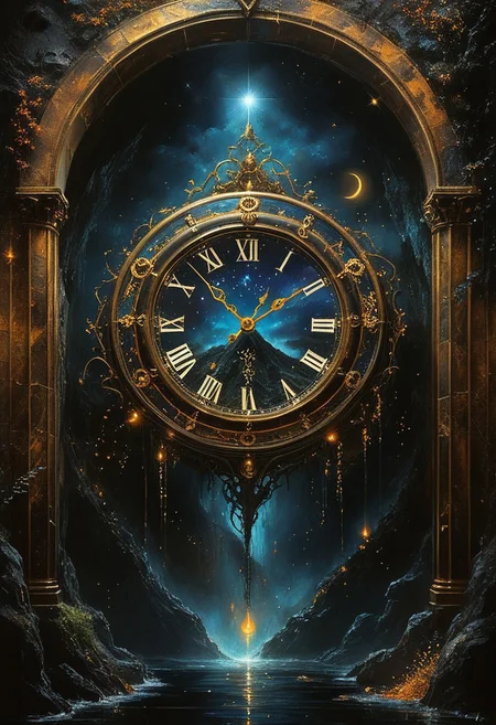 top- down, fantastical and surreal scene, closeup inside of an enormous ancient pocket_clock standing upright with its cover open revealing a magical portal, portal inside the clock, Through the portal is a breathtaking landscape unfolds, towering mountains, a cascading volcano, a steaming river winding through a burned forests, The edges of the pocket_clock are adorned with intricate glowing runes and vines, the clock resting on obsidian floor, mystical touch, illuminated by a crescent moon and twinkling stars, dreamlike and otherworldly atmosphere, sense of adventure and wonder, ((red-blue, artifact,
<lora:aidmaMTG-CardsXL-v0.1:1> ,mtg, mtg card)), view from above, 
(score_9, score_8_up:1.1), score_7_up, a fine color ink lineart sketch, (reflective volumetric), raytracing, absurdres, dark, low-key, 
BREAK
universe, (galaxy:0.5), (nebula:0.5), (stars:0.3)