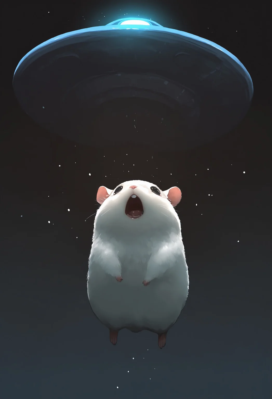 masterpiece, best quality, good quality, very awa, very aesthetic, absurdres, newest, no humans, animal, animal focus, hamster, mid air, floating, size difference, glowing, open mouth, horror \(theme\), scared, large ufo, spot light, light beam, looking up, abstract
