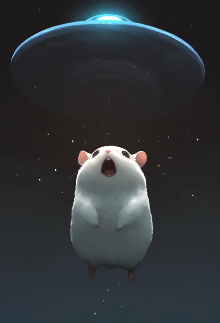 masterpiece, best quality, good quality, very awa, very aesthetic, absurdres, newest, no humans, animal, animal focus, hamster, mid air, floating, size difference, glowing, open mouth, horror \(theme\), scared, large ufo, spot light, light beam, looking up, abstract