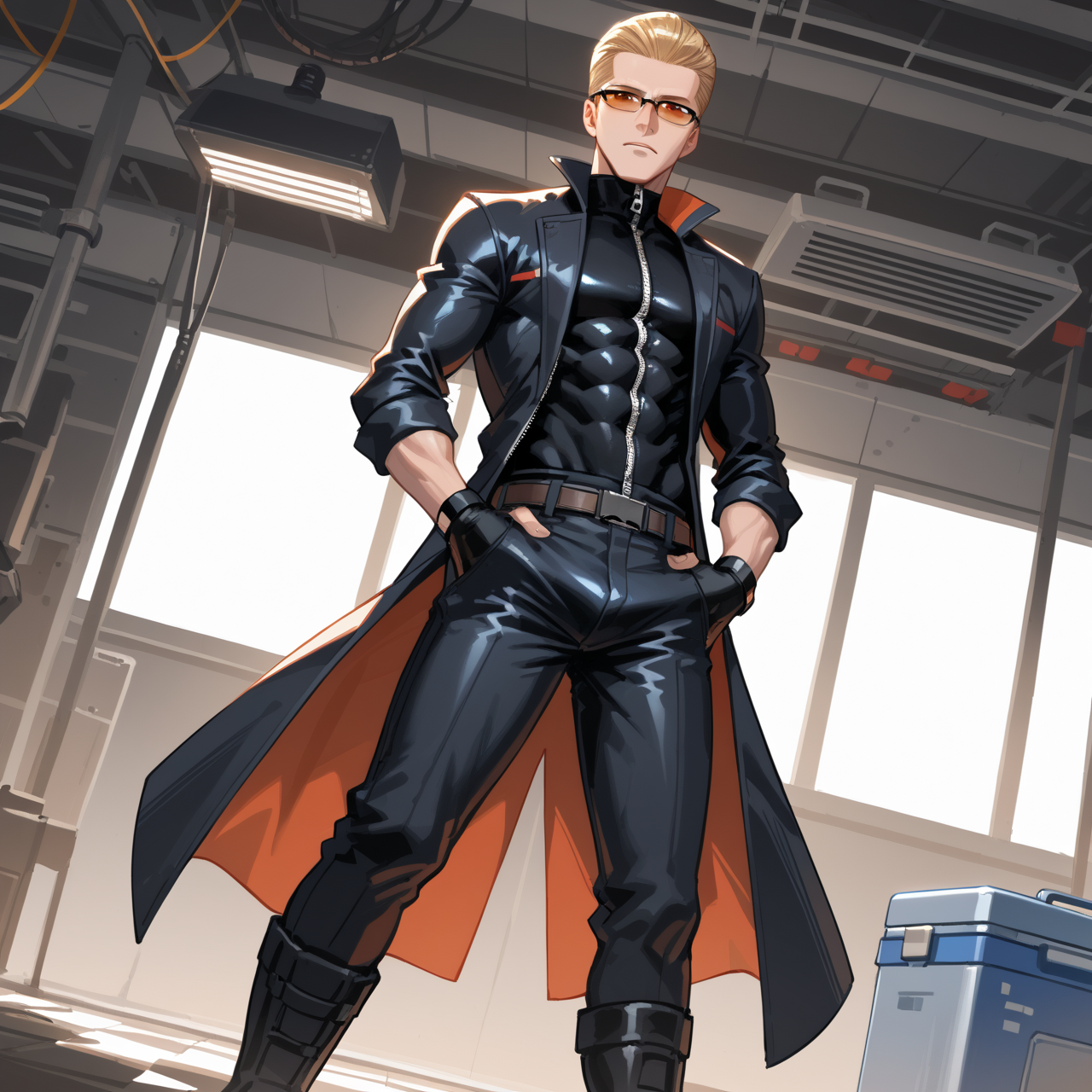 PonyScores7, source_anime, ah1, best quality, (masterpiece:1.4), (high quality:1.4), sharp focus, 4k, absurd resolution, <lora:albertwesker-guy-PONYv1:0.8> albertwesker, albert wesker, 1boy, solo, blonde, black gloves, sunglasses, belt, pants, black coat, black pants, looking at viewer, toned, athletic, fit, slicked back hair, black turtleneck, zipper, mature male, (graphene textured clothes), black boots, (illegal organ trader, medical scrubs with a cooler of harvested organs), (A derelict factory with broken machinery, darkened corners, and the faint sound of dripping water), bad-hands-5, ((Grateful expression)), <lora:xl_more_art-full_v1:0.2>, <lora:shinyskin2:0.2> glistening skin, <lora:aesthetic_anime_v1s:0.2>, <lora:Expressive_H:0.2> Expressiveh, <lora:hairdetailpxl:0.2> hairdetailpxl, <lora:detailxl:0.2> detailxl, (Dutch Angle (from behind) view Close shot (focus on waist)), (Jockstraps), (focused, intense glare), slit pupils, short hair, (reddish orange eyes), best quality, amazing quality, best aesthetic, absurdres, <lora:expressive eyes:0.2> expressive eyes, <lora:eyedetailpxl:0.2> eyedetailpxl, illustration, Volumetric_Lighting, ultra-detailed, very aesthetic, intricate details, 8k, masterpiece, best_quality, (angular face, sharp_featured face),