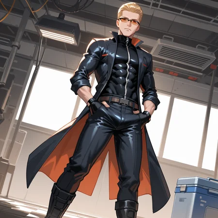 PonyScores7, source_anime, ah1, best quality, (masterpiece:1.4), (high quality:1.4), sharp focus, 4k, absurd resolution, <lora:albertwesker-guy-PONYv1:0.8> albertwesker, albert wesker, 1boy, solo, blonde, black gloves, sunglasses, belt, pants, black coat, black pants, looking at viewer, toned, athletic, fit, slicked back hair, black turtleneck, zipper, mature male, (graphene textured clothes), black boots, (illegal organ trader, medical scrubs with a cooler of harvested organs), (A derelict factory with broken machinery, darkened corners, and the faint sound of dripping water), bad-hands-5, ((Grateful expression)), <lora:xl_more_art-full_v1:0.2>, <lora:shinyskin2:0.2> glistening skin, <lora:aesthetic_anime_v1s:0.2>, <lora:Expressive_H:0.2> Expressiveh, <lora:hairdetailpxl:0.2> hairdetailpxl, <lora:detailxl:0.2> detailxl, (Dutch Angle (from behind) view Close shot (focus on waist)), (Jockstraps), (focused, intense glare), slit pupils, short hair, (reddish orange eyes), best quality, amazing quality, best aesthetic, absurdres, <lora:expressive eyes:0.2> expressive eyes, <lora:eyedetailpxl:0.2> eyedetailpxl, illustration, Volumetric_Lighting, ultra-detailed, very aesthetic, intricate details, 8k, masterpiece, best_quality, (angular face, sharp_featured face),