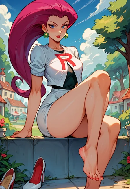Score_9_up, score_8_up, score_7_up, Jessie (pokemon), outdoors, , head is tilted, looking at viewer, feet to viewer, full body, shoe dangle, shoe dangling off of foot, one foot bare